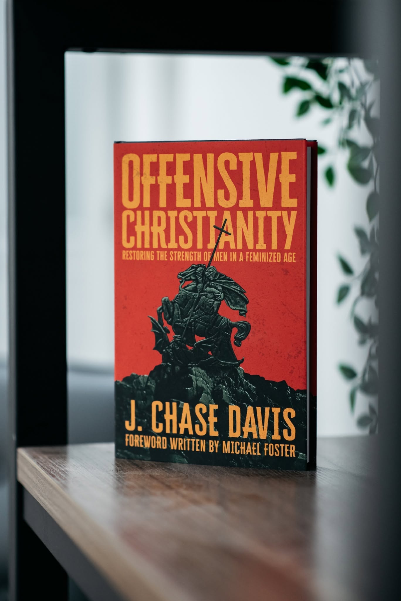 Copy of Offensive Christianity book standing upright on a shelf. 