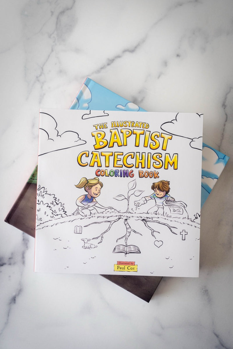 Copy of The Baptist Catechism coloring book on a marble countertop