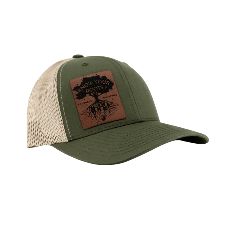 Green trucker hat with leather patch that says "Know Your Roots" and 1689