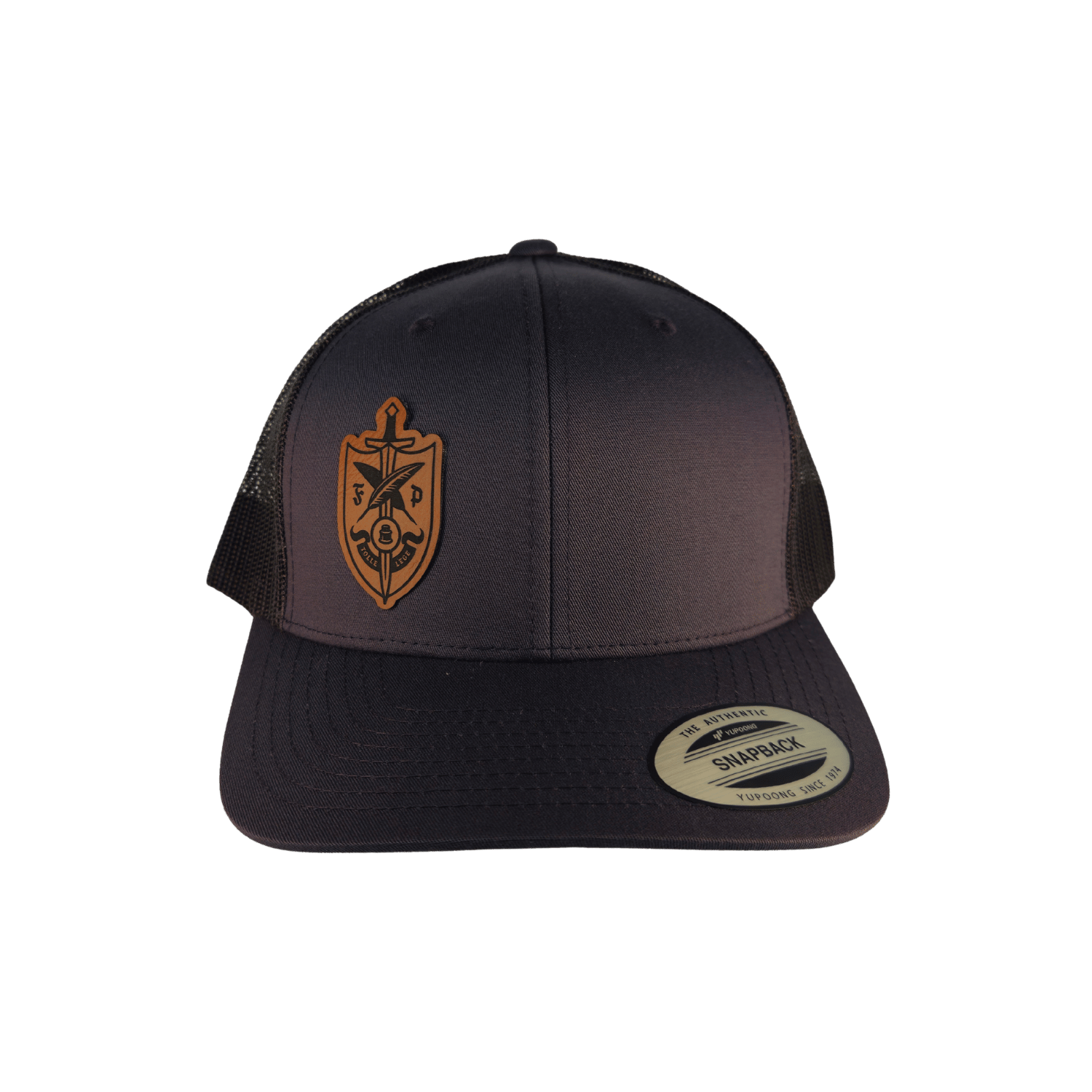 A dark charcoal trucker hat with a brown shield and sword embroidered logo on the front [Smoke]