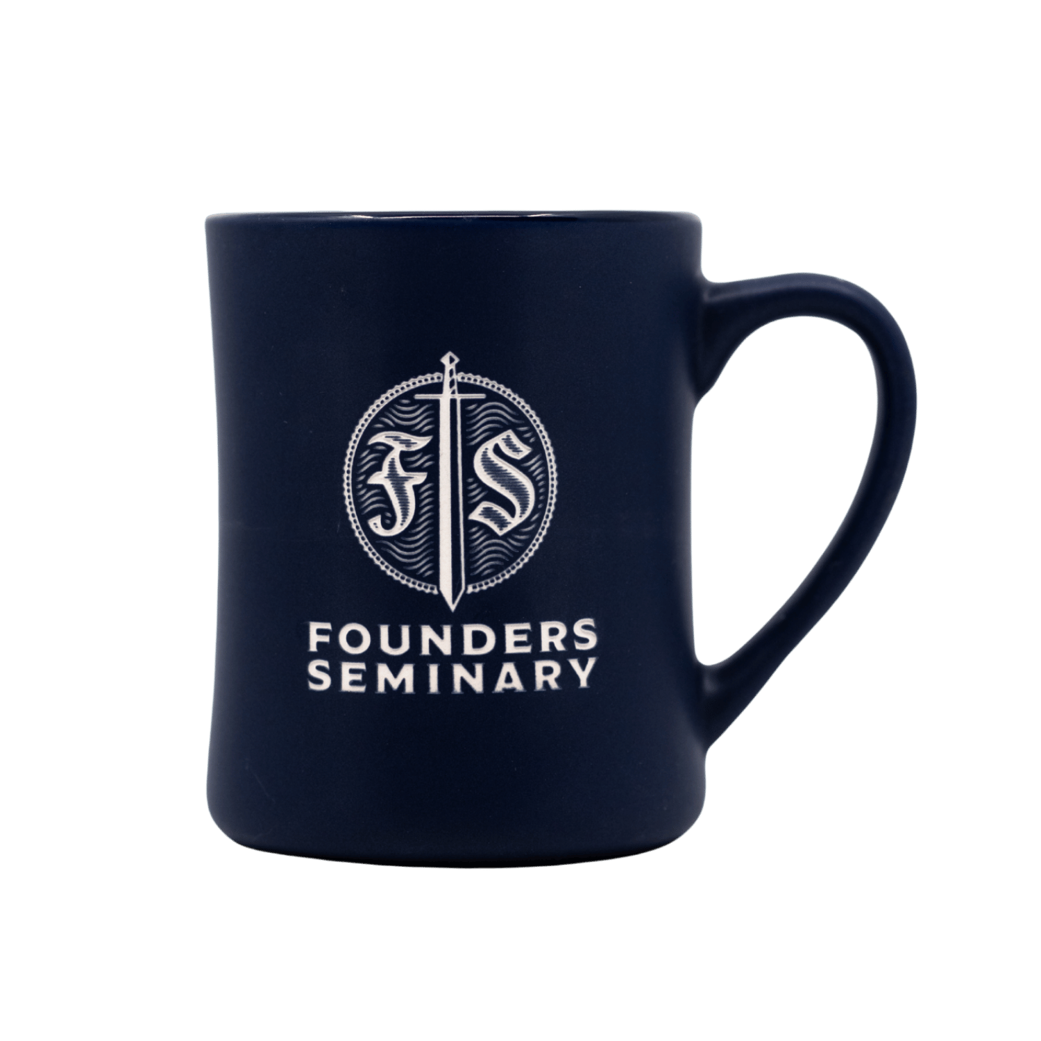 A dark navy blue ceramic mug with a white printed logo and the words 'FOUNDERS SEMINARY' on the front, set against a solid dark green background.