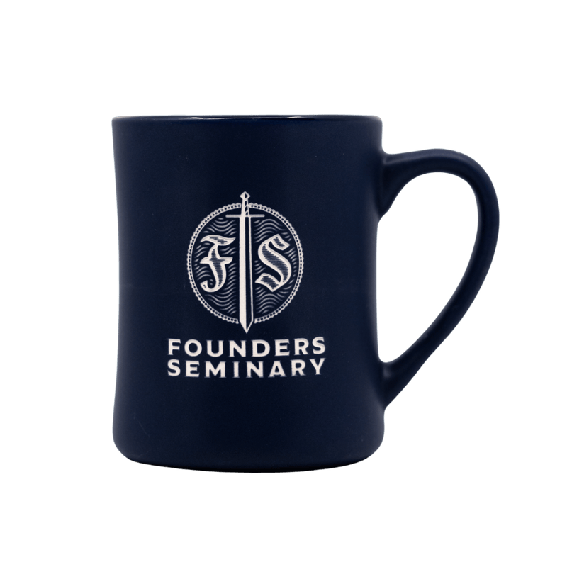 A dark navy blue ceramic mug with a white printed logo and the words 'FOUNDERS SEMINARY' on the front, set against a solid dark green background.