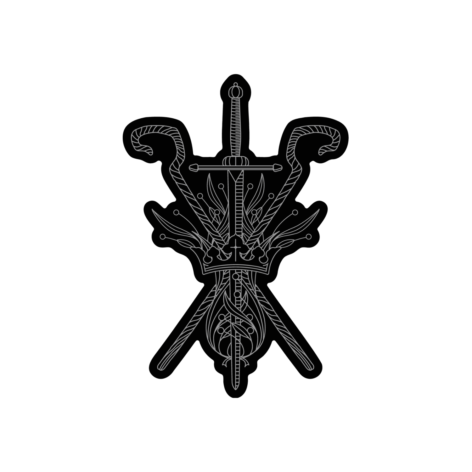 Black background with silver drawings of a sword, crown, and two shepherds staffs. 