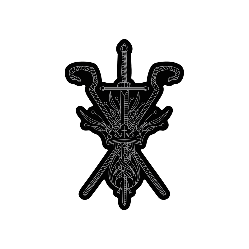 Black background with silver drawings of a sword, crown, and two shepherds staffs. 