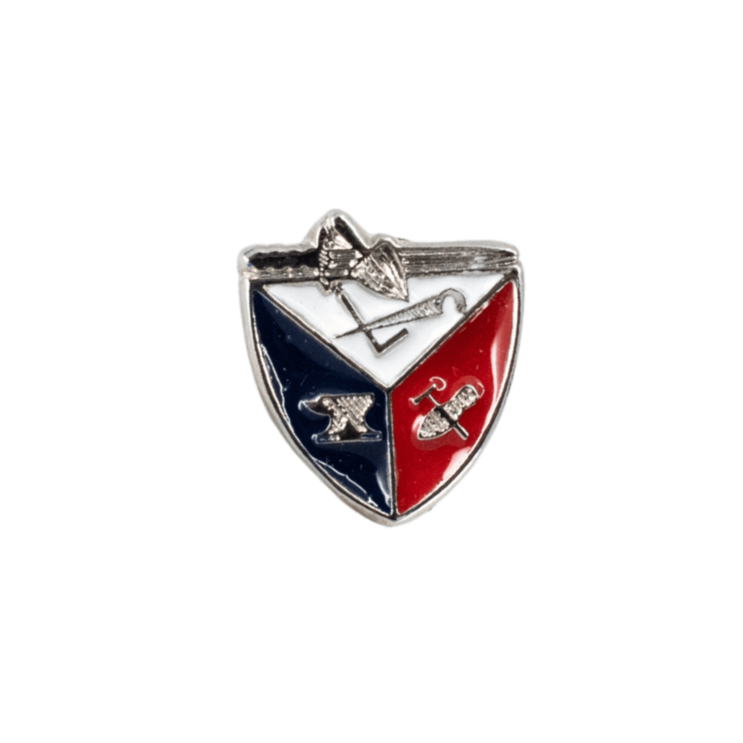 A shield-shaped metal lapel pin with a silver-tone border and trim, featuring three colored sections: navy blue on the left, white in the center, and red on the right, with small silver emblem details on each section. 