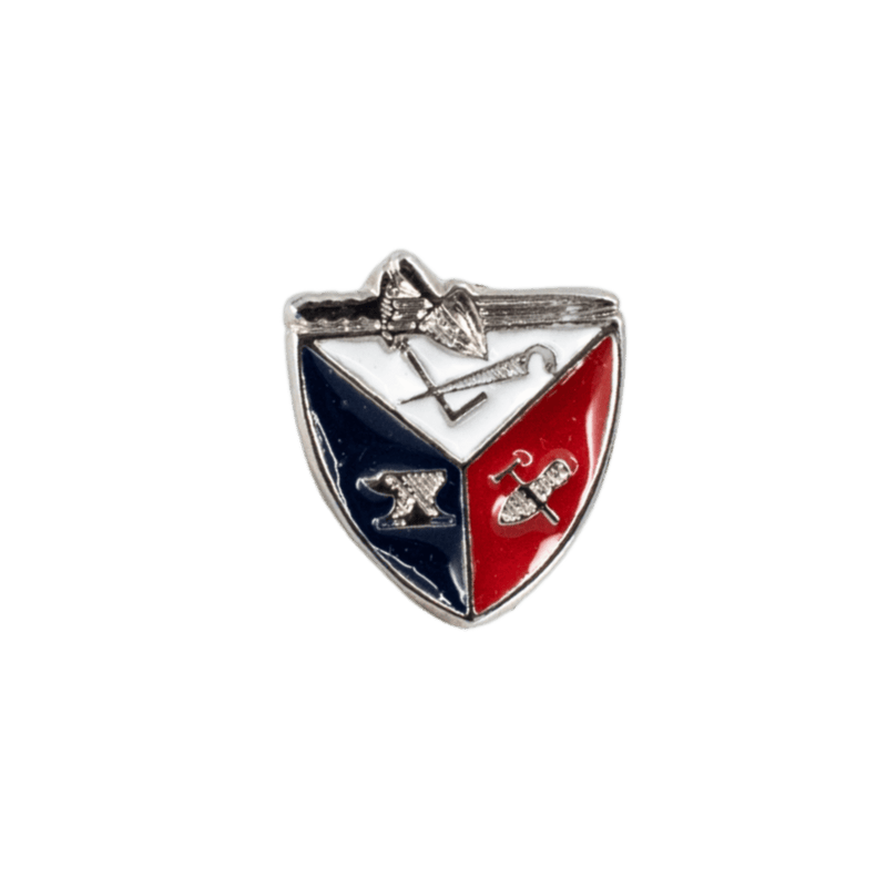 A shield-shaped metal lapel pin with a silver-tone border and trim, featuring three colored sections: navy blue on the left, white in the center, and red on the right, with small silver emblem details on each section. 