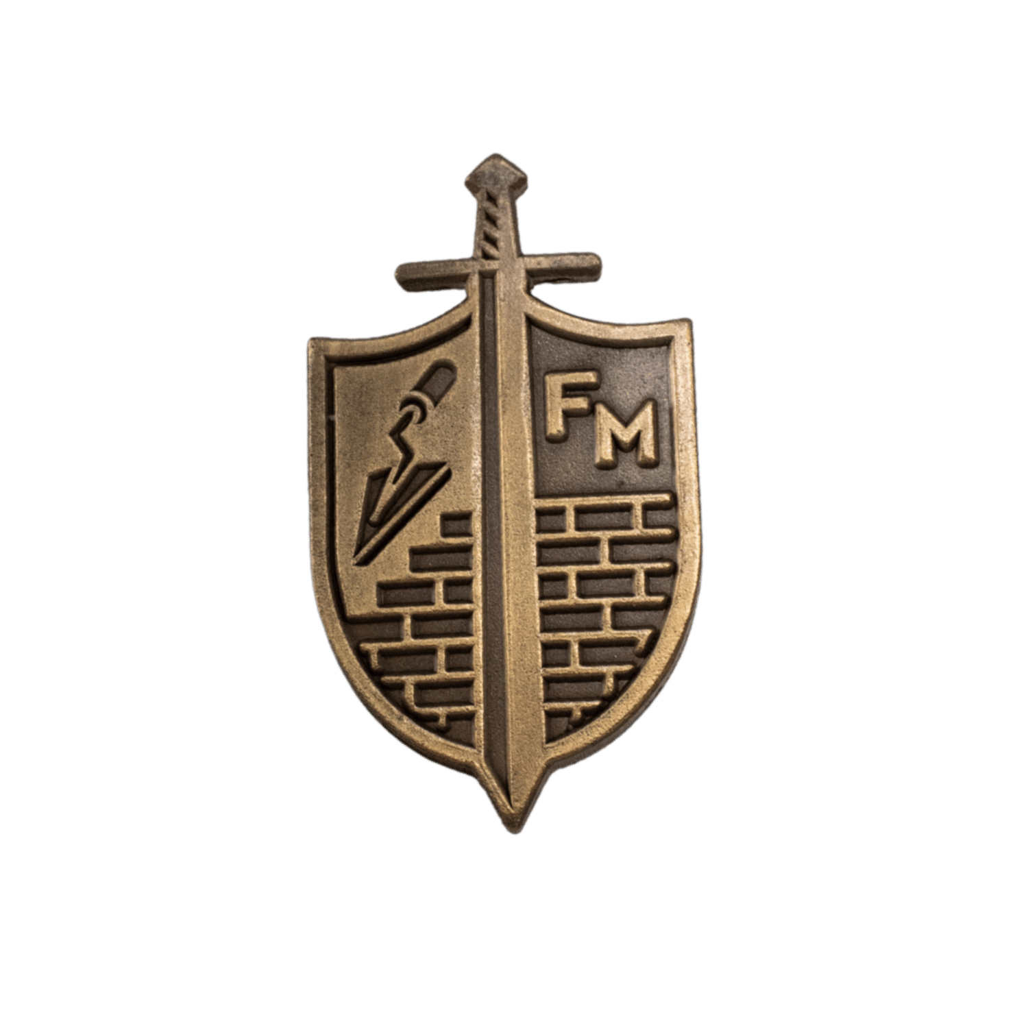A bronze-colored metal shield and sword emblem pin with the letters 'FM' on the right side, isolated on a white background. [Gold]