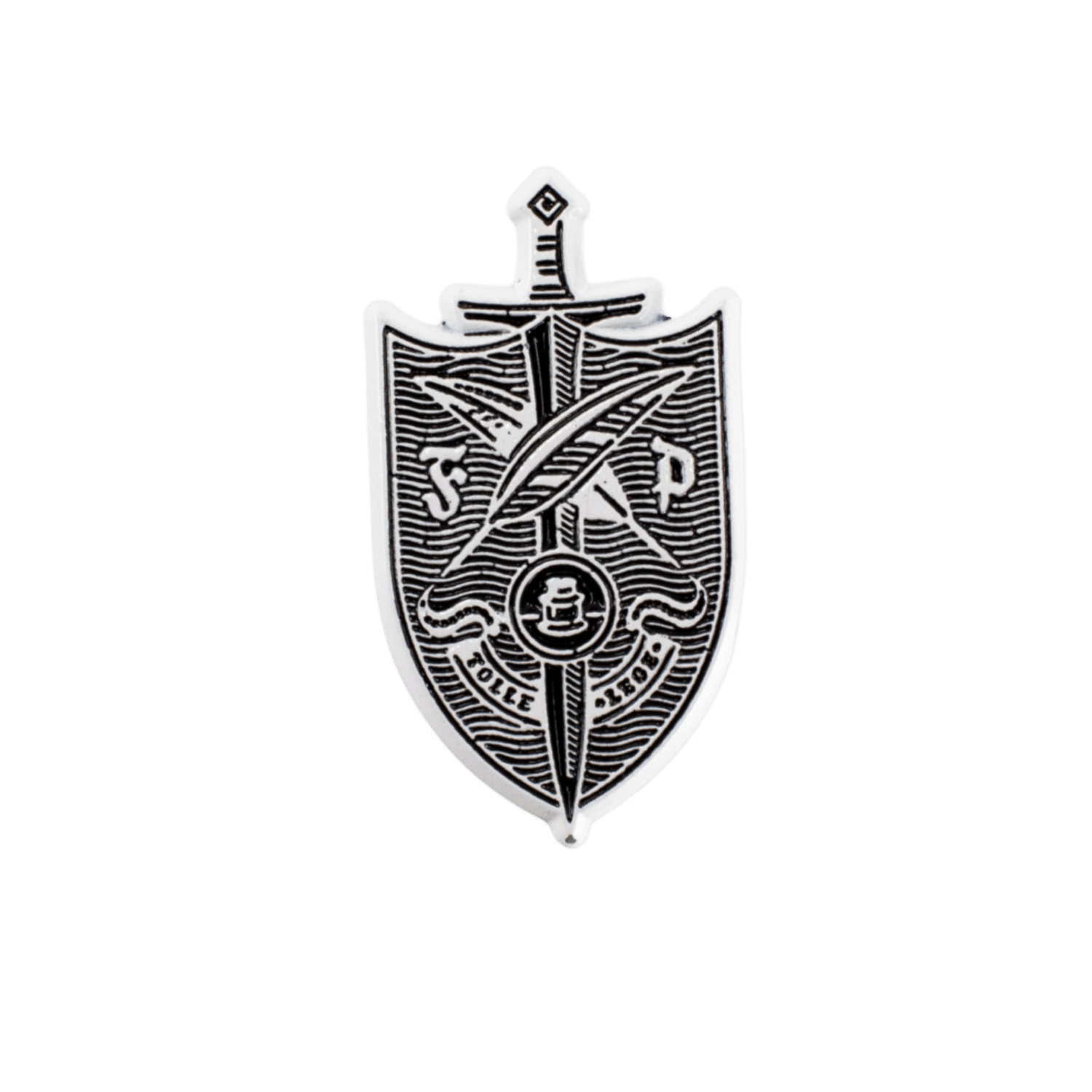A shield-shaped silver metal pin featuring a black engraved design of a sword, feathers inkwell, and the text 'F.P.
