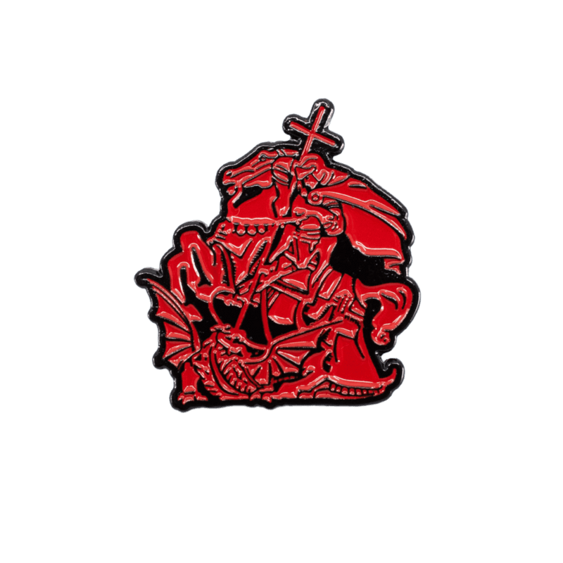 A red and black enamel pin depicting St. George slaying the dragon. 