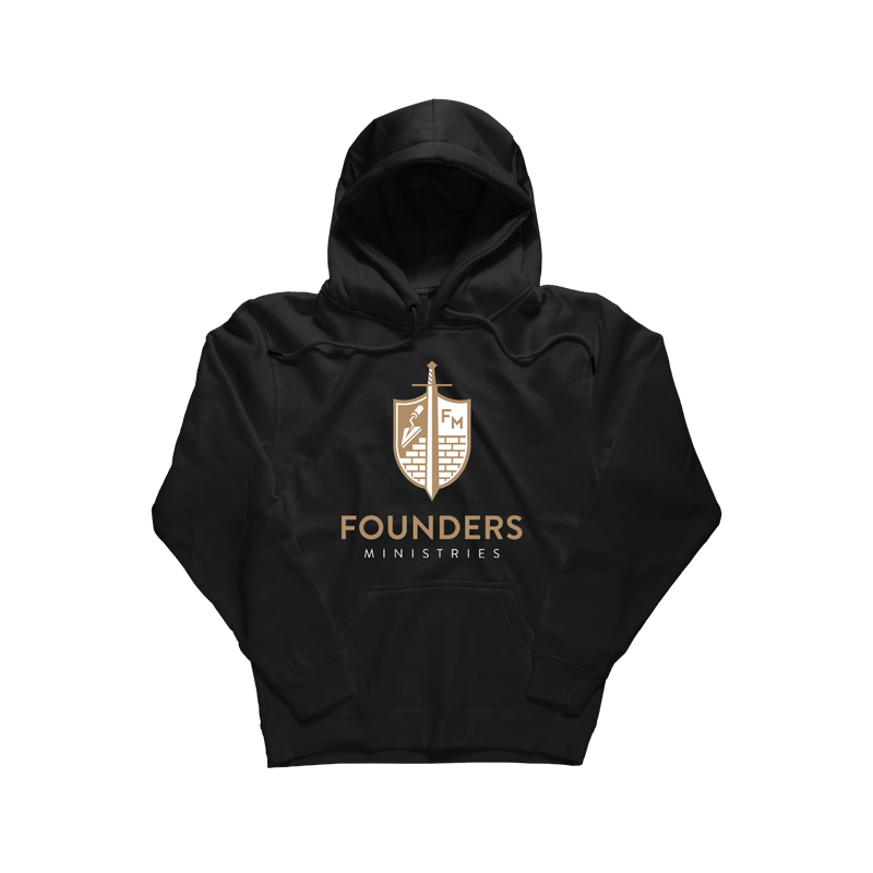 A black pullover hoodie with a gold and white 'Founders Ministries' shield logo printed on the chest, displayed on a clean white background. [Black]