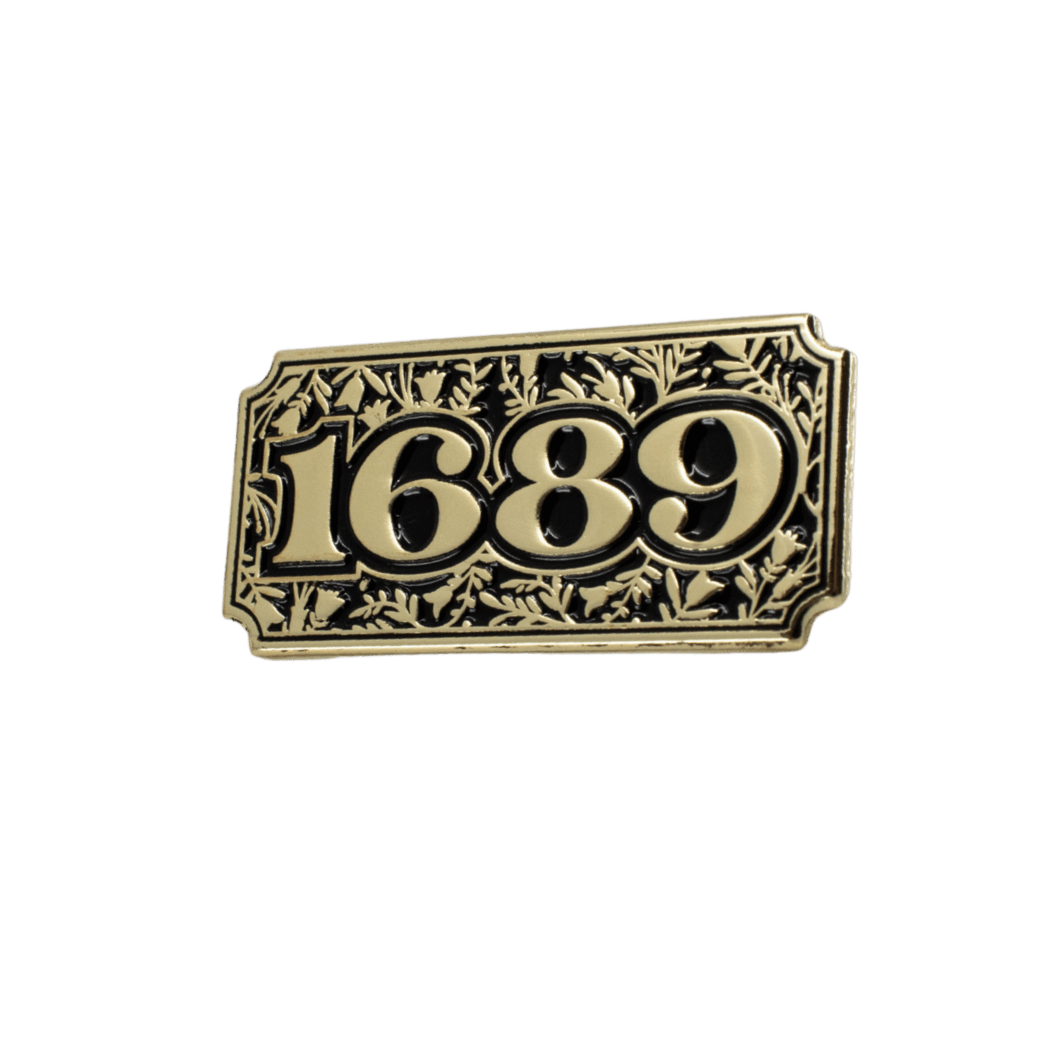 A rectangular enamel pin with the numbers 1689 in raised gold-tone lettering, surrounded by an ornate floral border, shown on a plain white background.