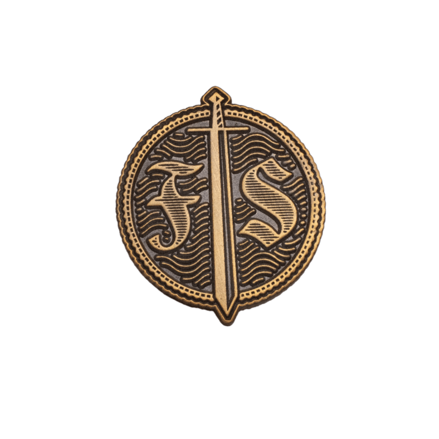 A circular bronze and gold emblem pin featuring a vertical sword through the center, flanked by stylized letters 'F' and 'S' over wavy lines, set against a solid green background.