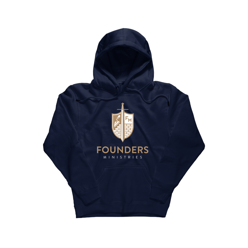 A navy blue pullover hoodie with a gold and white shield crest and the text 'FOUNDERS MINISTRIES' printed on the chest, displayed against a solid white background. [Navy Blue]