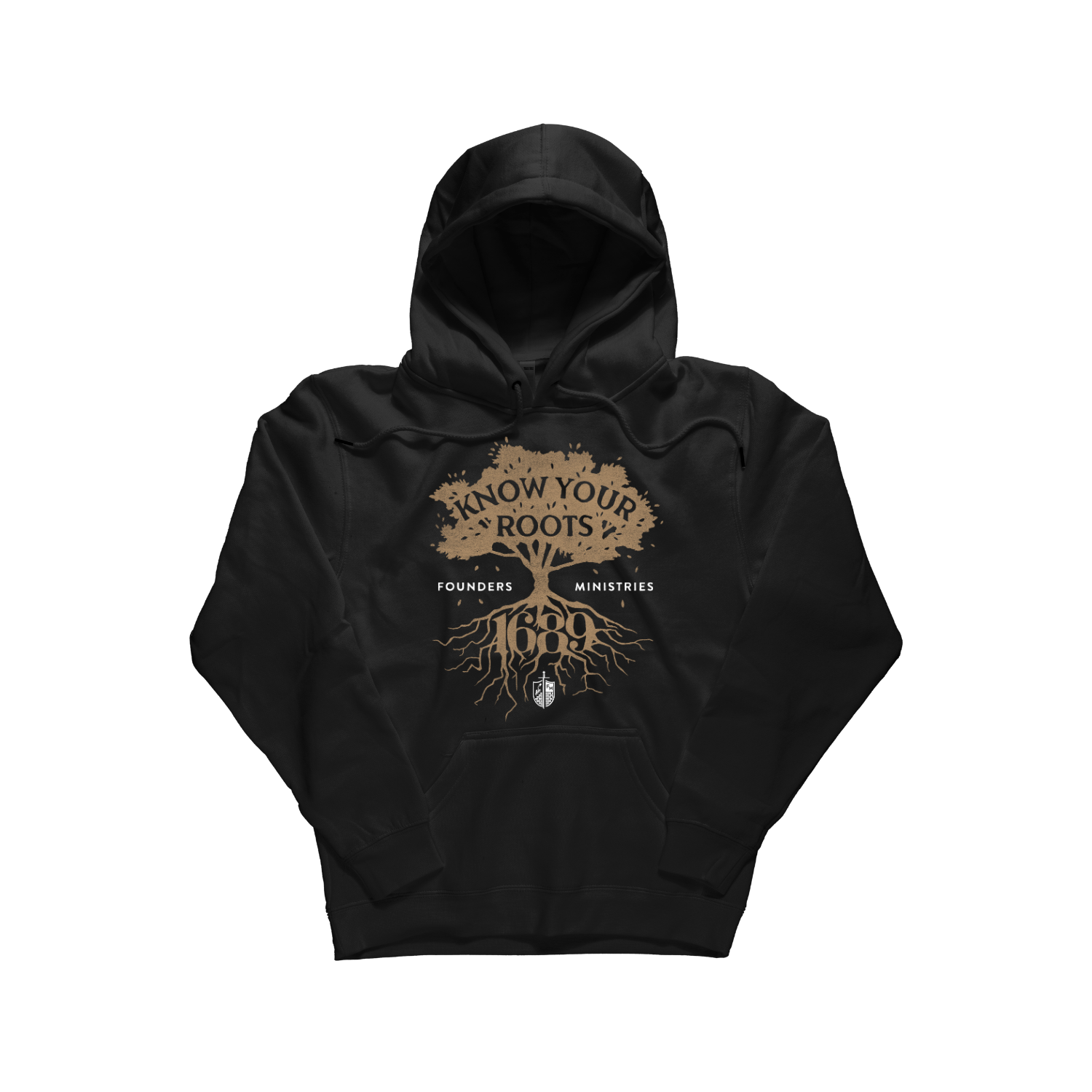 A black pullover hoodie with a front graphic print featuring a tree of roots, the text 'Know Your Roots', 'Founders Ministries', and '1689' on a plain white background. [Black]