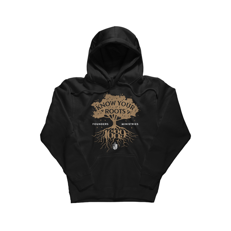 A black pullover hoodie with a front graphic print featuring a tree of roots, the text 'Know Your Roots', 'Founders Ministries', and '1689' on a plain white background. [Black]