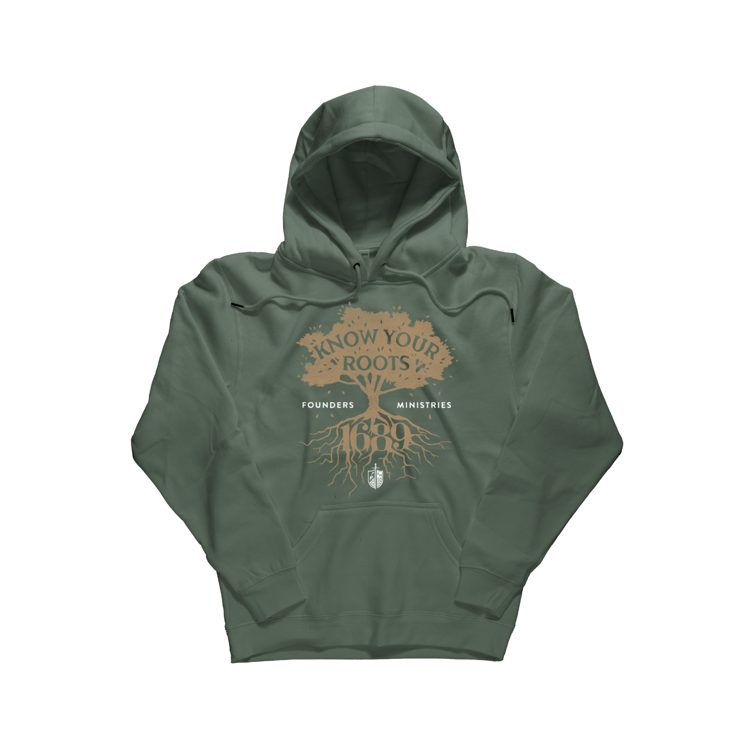 An olive green pullover hoodie with a brown graphic on the chest featuring a tree, roots, and the text 'Know Your Roots Founders Ministries 1689'. [Olive Green]