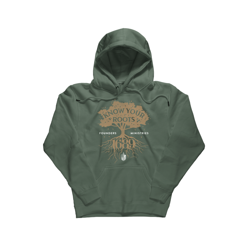 An olive green pullover hoodie with a brown graphic on the chest featuring a tree, roots, and the text 'Know Your Roots Founders Ministries 1689'. [Olive Green]