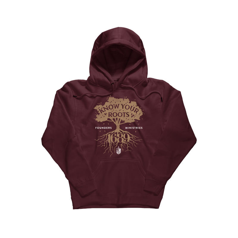 A maroon pullover hoodie with a brown graphic on the chest reading 'Know Your Roots' and 'Founders Ministers 1689' over a tree root design, shown on a plain white background. [Maroon]