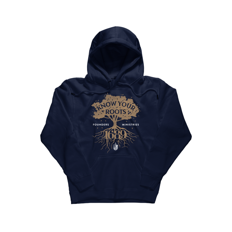 A navy blue pullover hoodie with a detailed graphic on the chest. The graphic features a gold textured arch reading 'KNOW YOUR ROOTS' above a gold root system and the words 'FOUNDERS MINISTRIES' with a small emblem below. [Navy Blue]