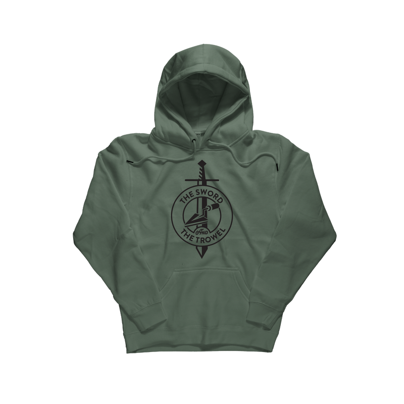 An olive green pullover hoodie with a black circular graphic on the chest featuring a sword and the words 'THE SWORD IS THE TROWEL'. [Olive Green]