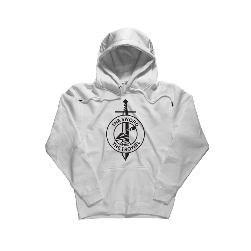 A white pullover hoodie with a black circular graphic on the chest featuring a sword and the text 'THE SWORD AND THE TROWEL'. [White]