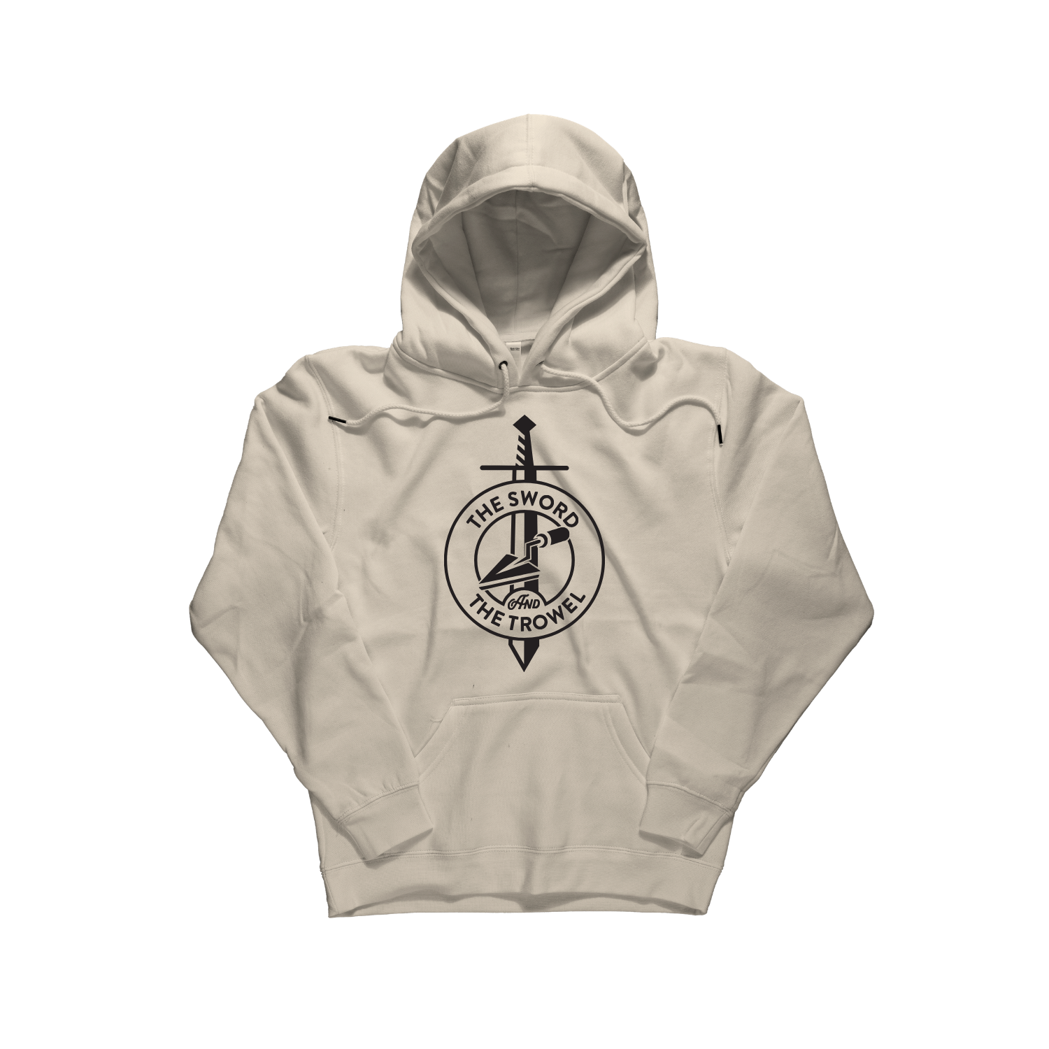 A light beige pullover hoodie with a black circular graphic on the chest featuring a sword and the text 'THE SWORD IS THE TROWEL'. [Tan]