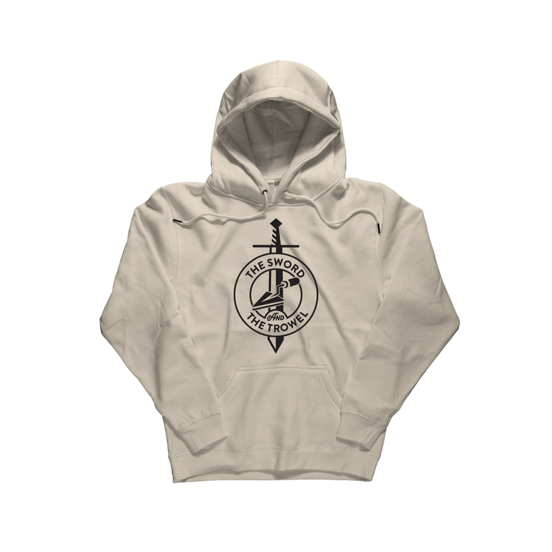 A light beige pullover hoodie with a black circular graphic on the chest featuring a sword and the text 'THE SWORD IS THE TROWEL'. [Tan]
