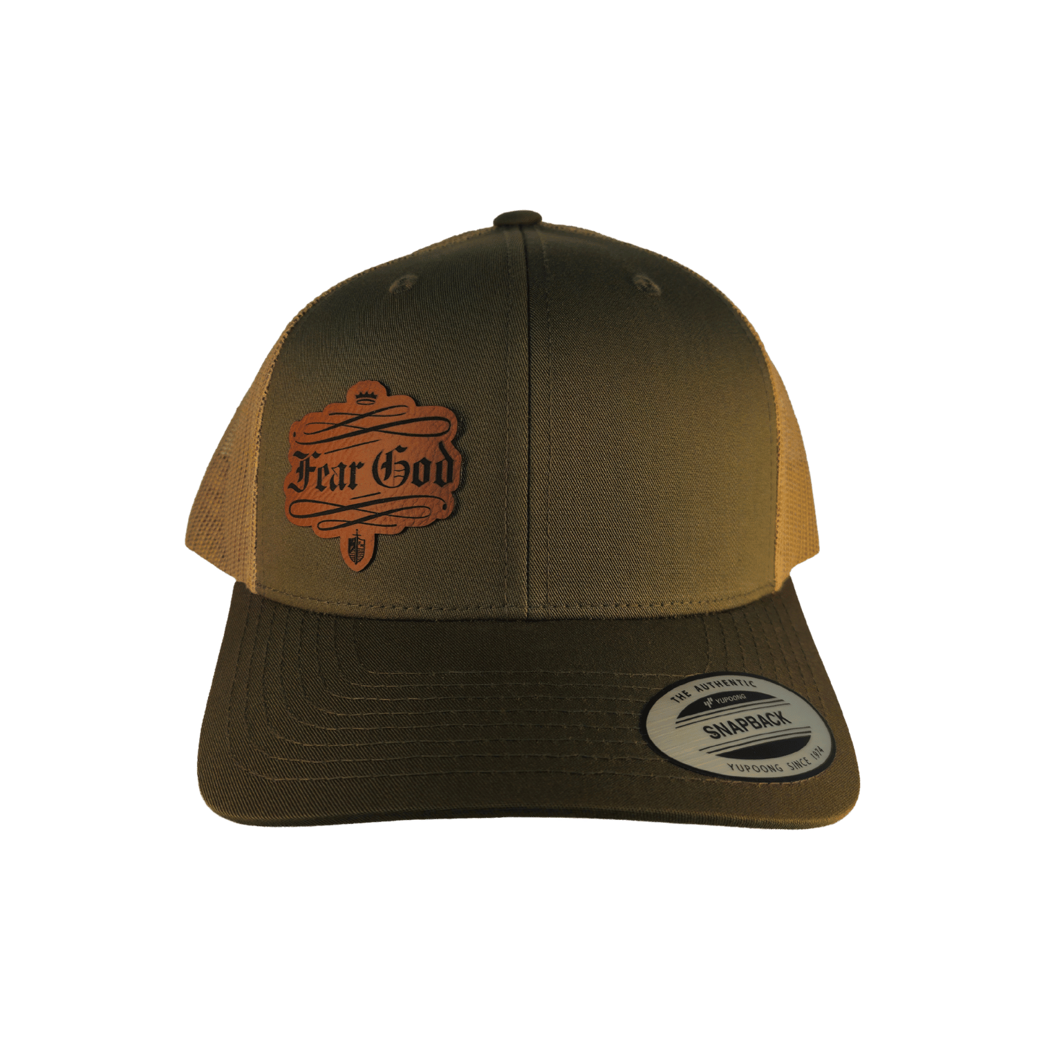 An olive green trucker hat with tan mesh back panels, featuring a brown 'Fear God' patch on the front and a silver Snapback sticker on the brim. [Green]