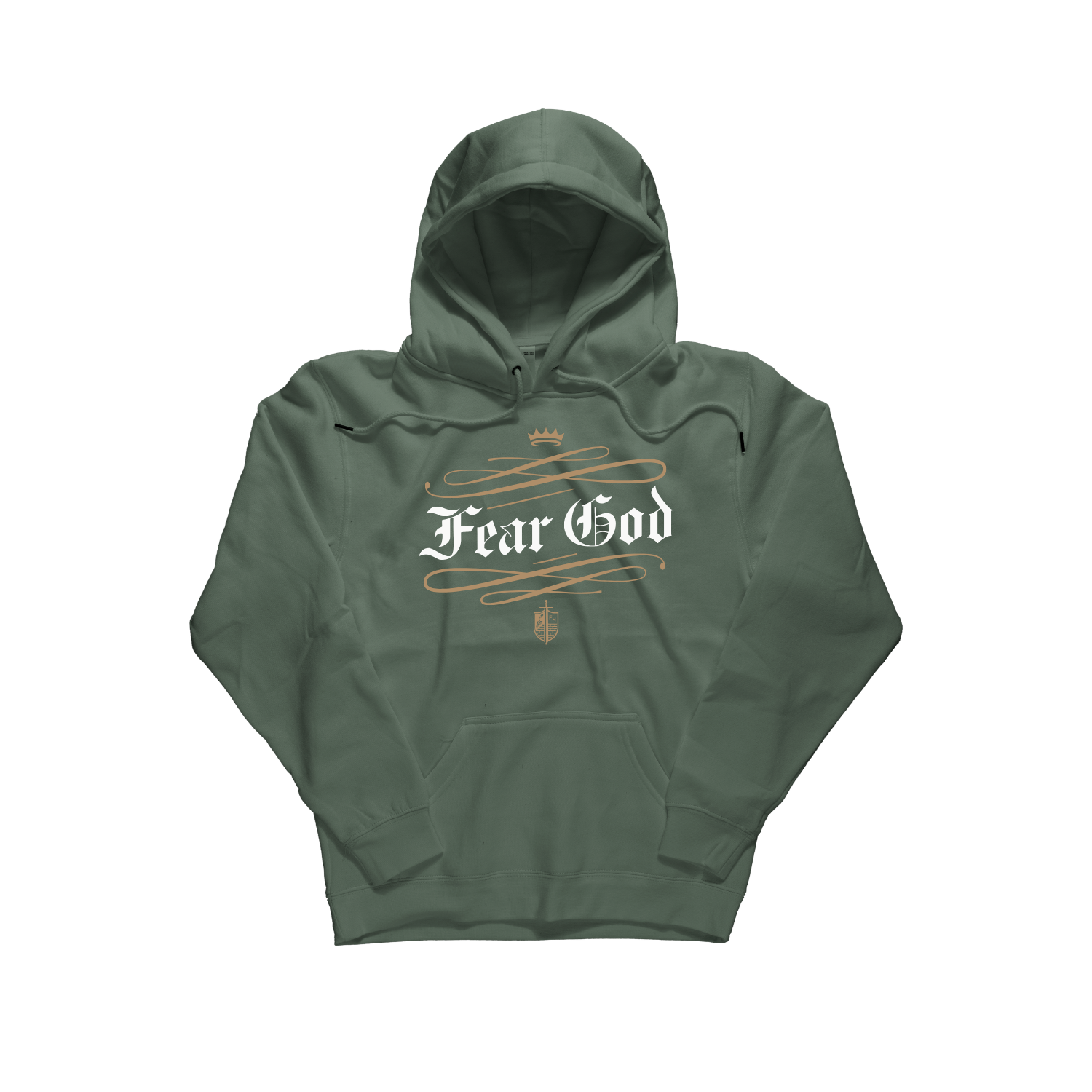 An olive green pullover hoodie with a front graphic that reads 'Fear God' in white gothic lettering, decorated with gold-colored swirls and a small crown above, shown on a plain white background. [Olive Green]