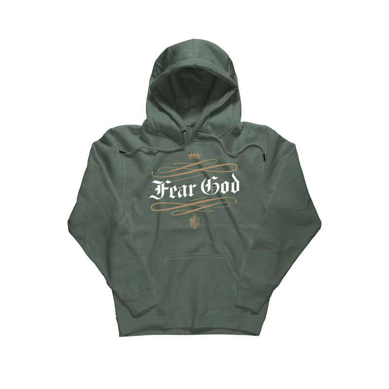 An olive green pullover hoodie with a front graphic that reads 'Fear God' in white gothic lettering, decorated with gold-colored swirls and a small crown above, shown on a plain white background. [Olive Green]