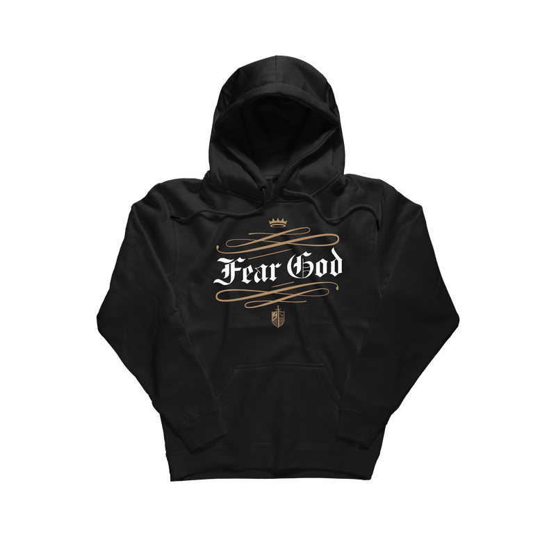A black pullover hoodie with a front graphic that reads 'Fear God' in white gothic lettering, decorated with gold ornamental flourishes, a small gold crown above, and a small gold shield below. The hoodie is shown flat against a solid white background. [Black]