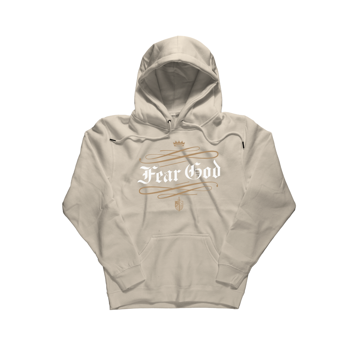 A light beige pullover hoodie with a front graphic that reads 'Fear God' in white gothic lettering, overlaid with gold-colored chains and a small gold crest, shown on a plain white background. [Tan]