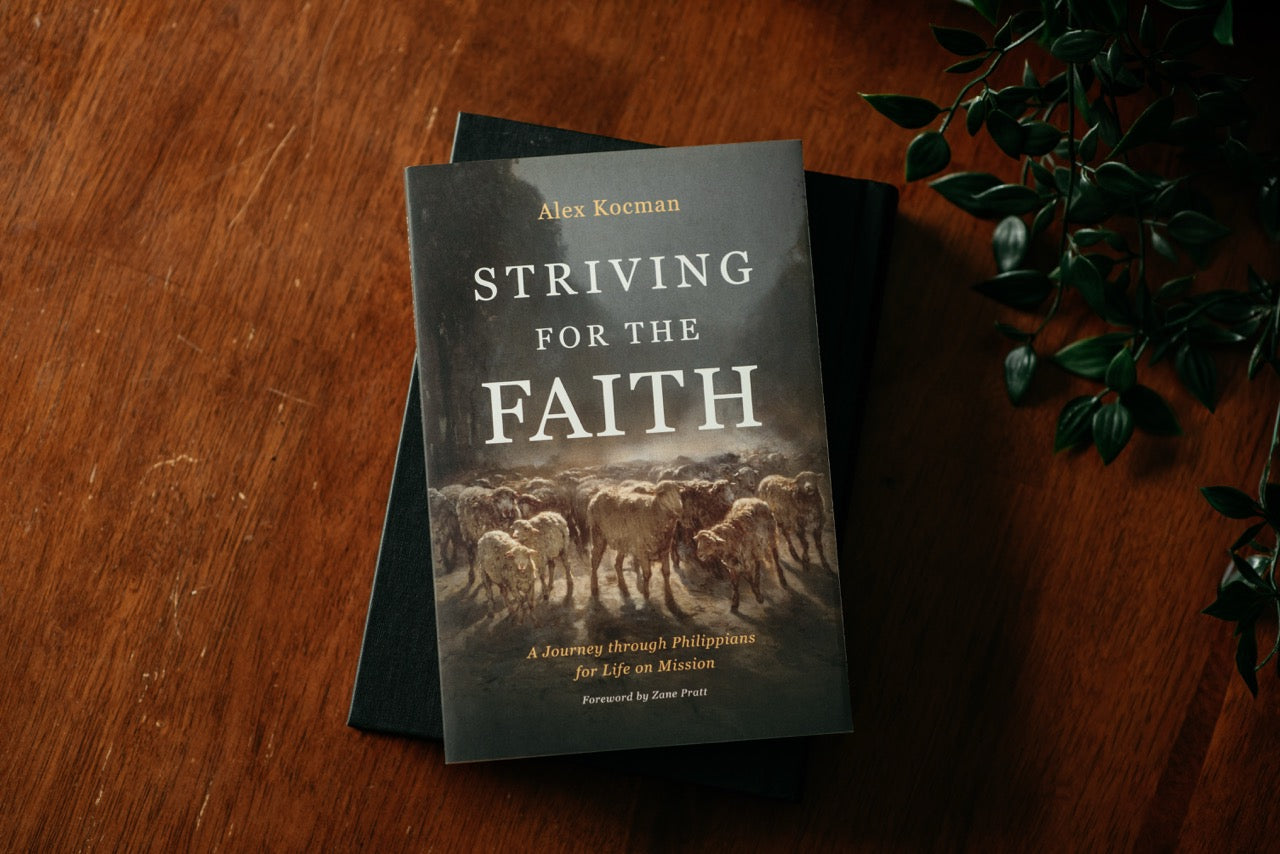 Striving for the Faith book on wood table with plant and notebook