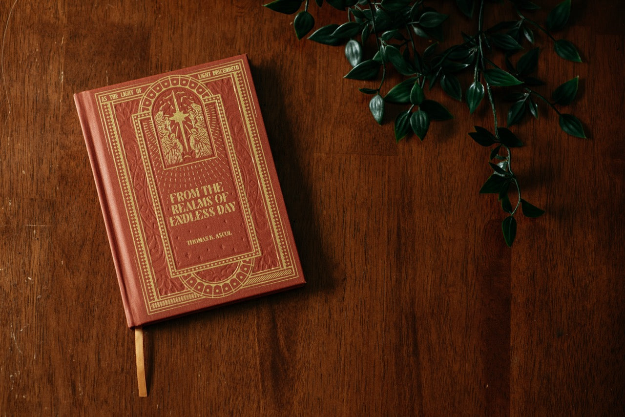 From the Realms of Endless Day books on wooden table with plant. 