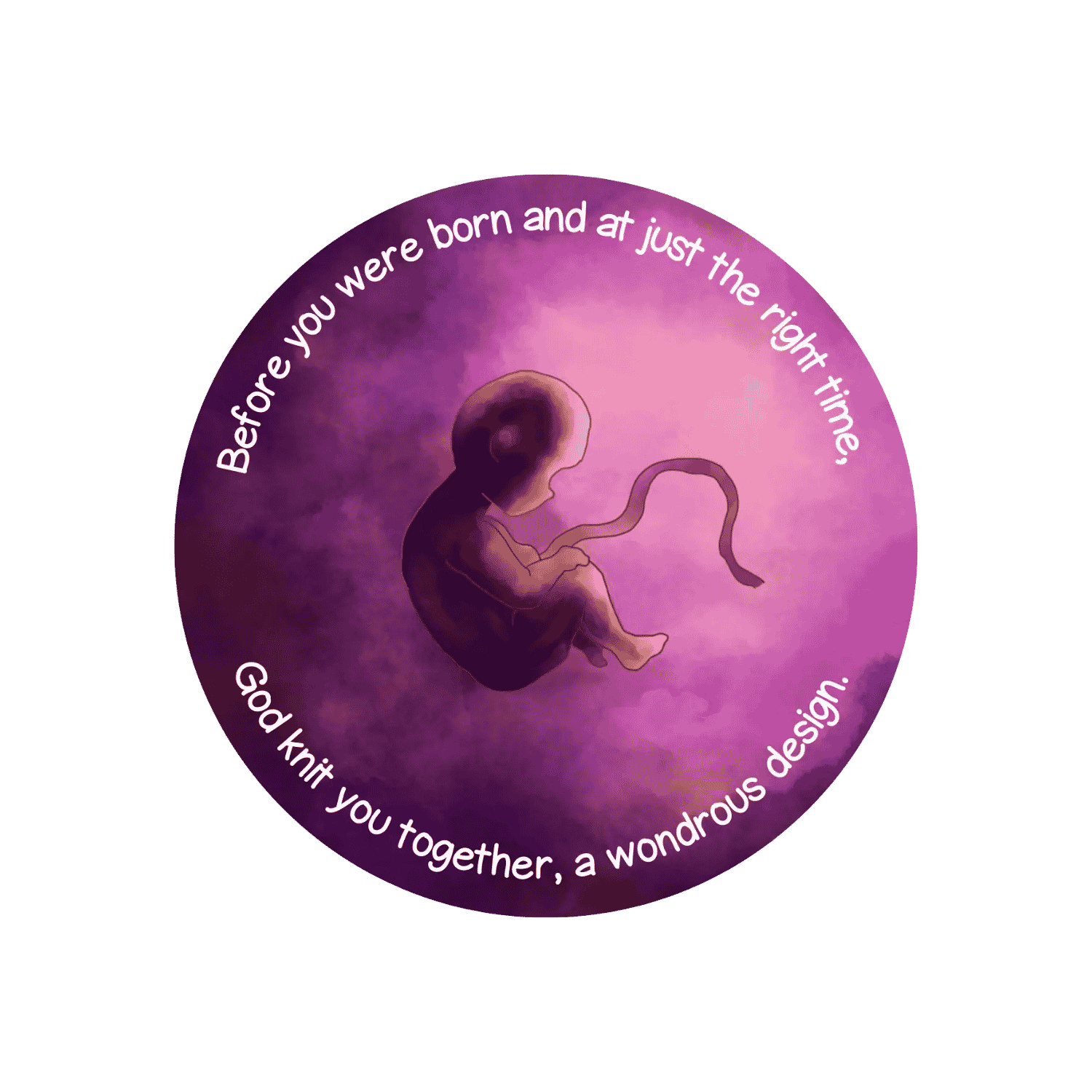 Who Made You? Sticker - Illustration of baby in the womb in purple.