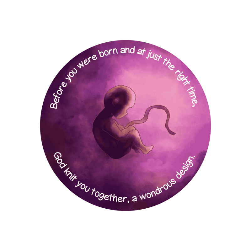 Who Made You? Sticker - Illustration of baby in the womb in purple.