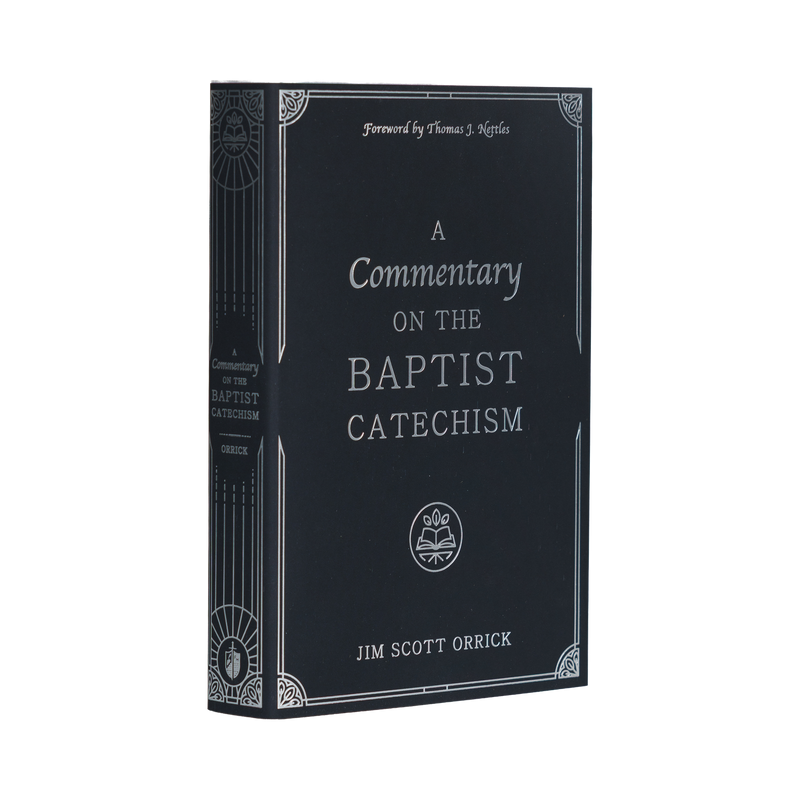 Book titled 'A Commentary on the Baptist Catechism' by Jim Scott Orrick with decorative black cover.