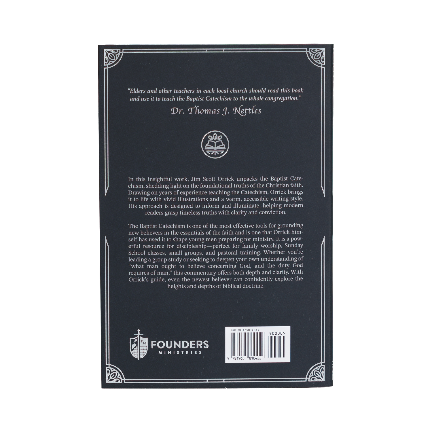 Back cover of a book with text and branding on a white background
