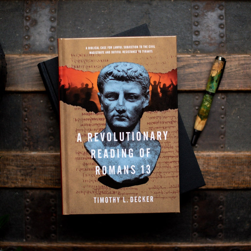 Book titled 'A Revolutionary Reading of Romans 13' by Timothy L. Decker on a metallic surface with a pen.