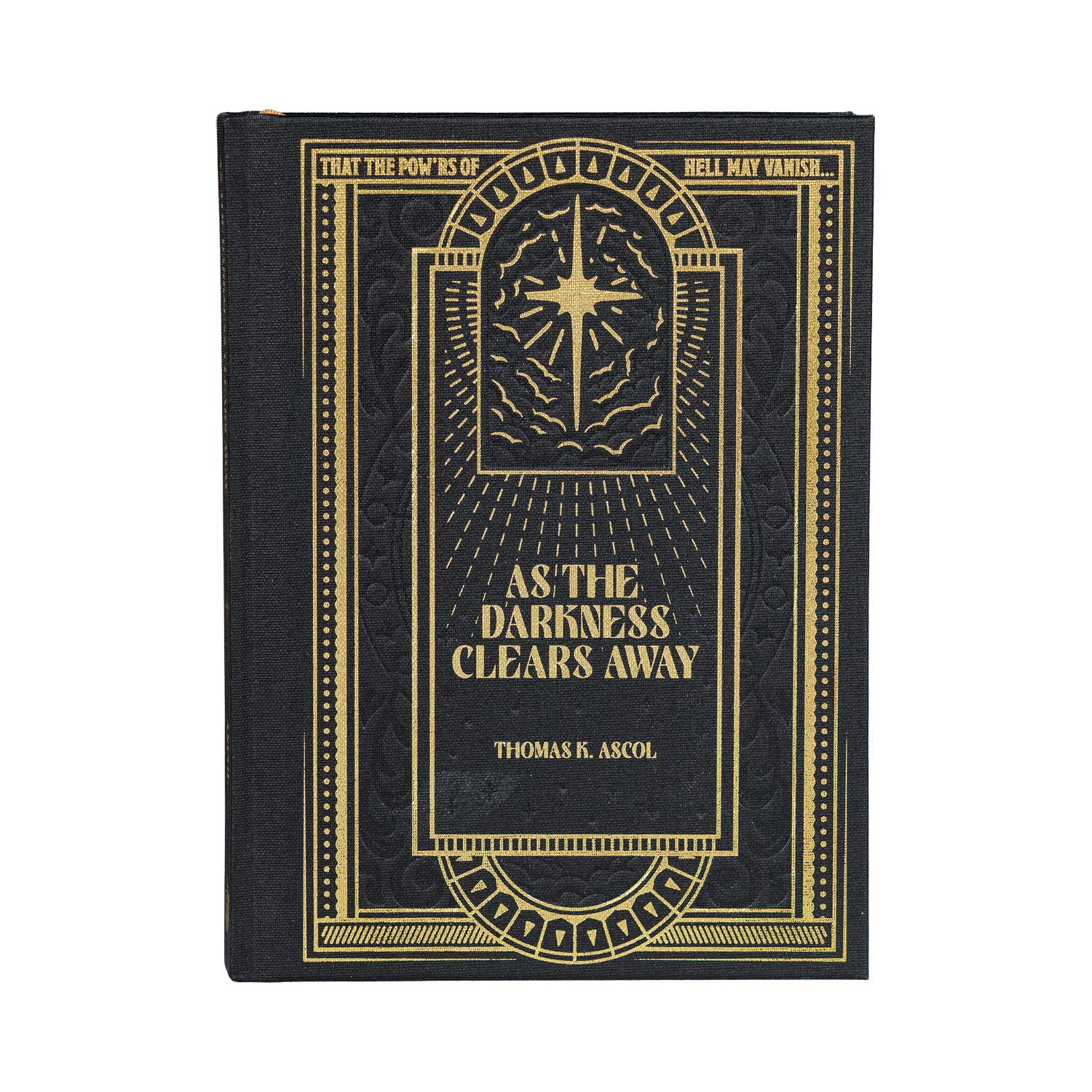 Book titled 'As the Darkness Clears Away' with gold text on a black background