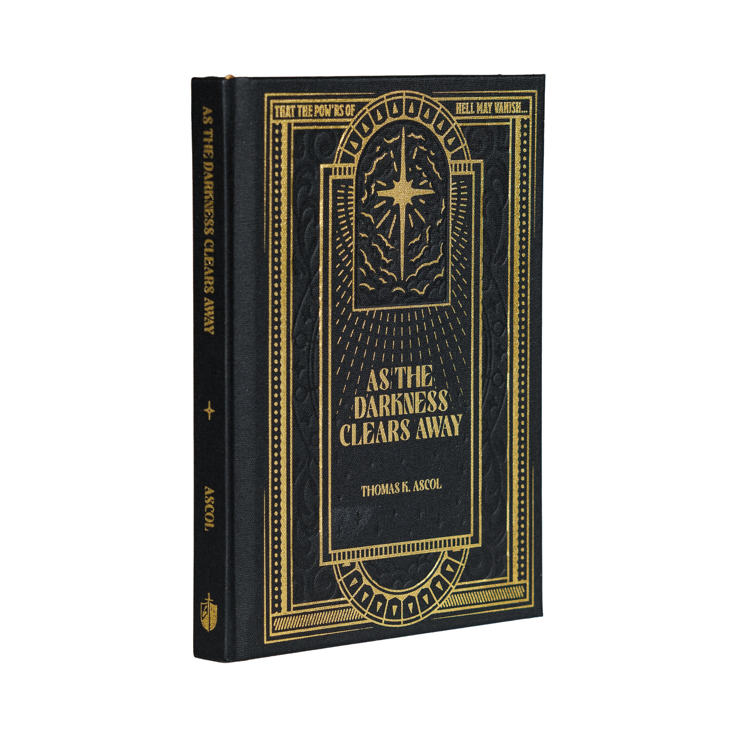 Book titled 'As the Darkness Clears Away' with decorative cover on a white background