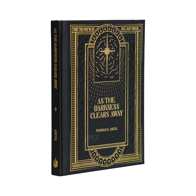 Book titled 'As the Darkness Clears Away' with decorative cover on a white background