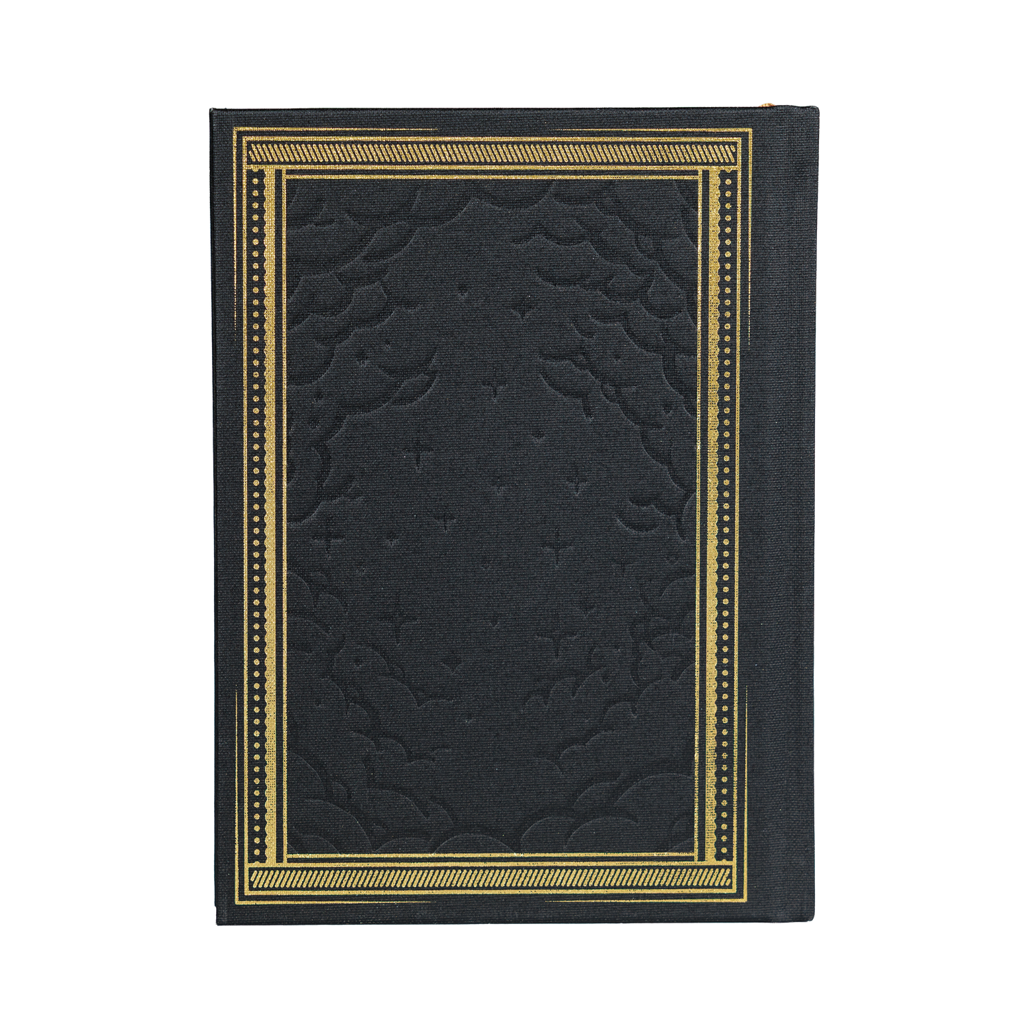 Black book with gold decorative border on a white background
