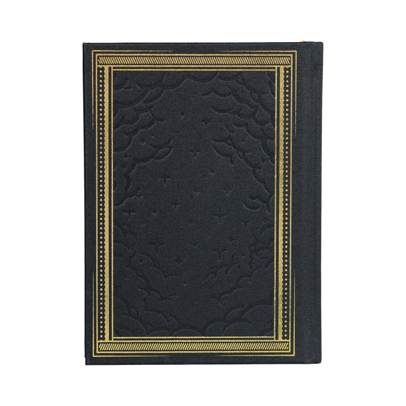 Black book with gold decorative border on a white background