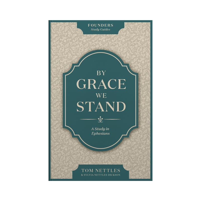 Book cover of 'By Grace We Stand' with decorative text and design elements.
