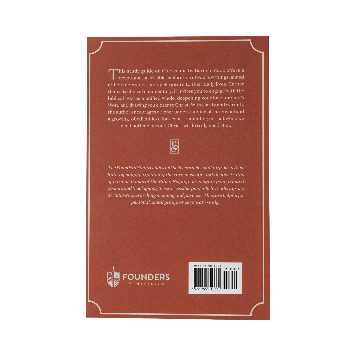Back cover of a book with text and Founders Ministry logo