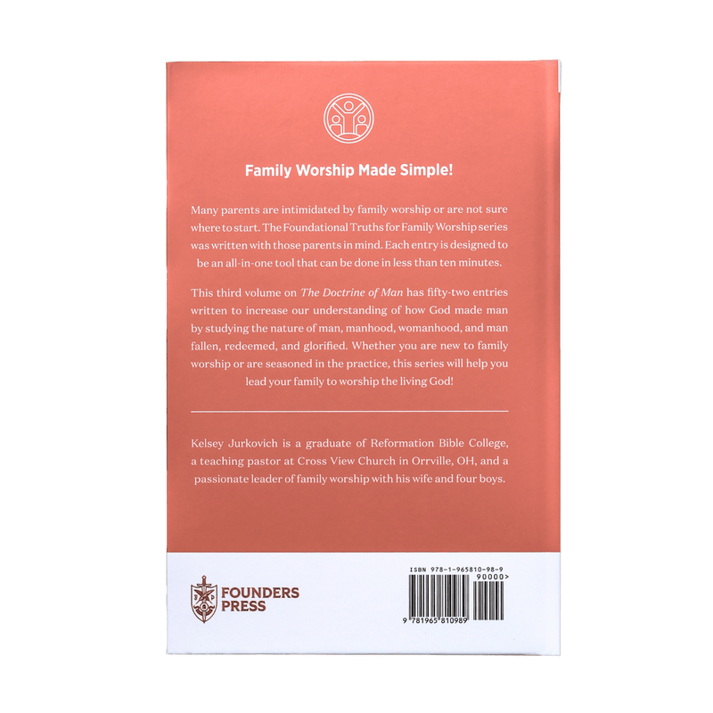 The back cover of a book. Published by Founders Press. The cover is coral orange with white text and a white bottom section containing a barcode and publisher logo.