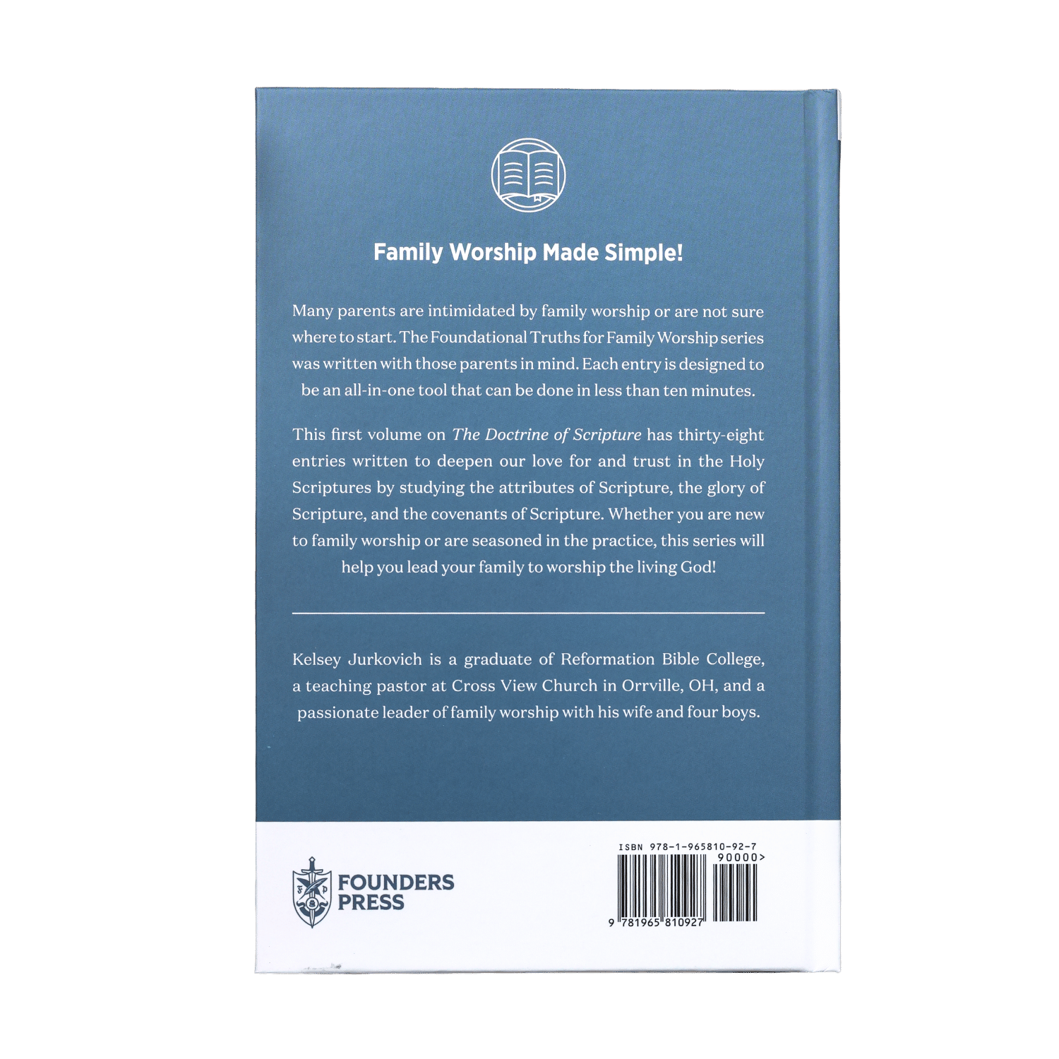 The back cover of the book. The cover is a slate blue color with white text and a white Founders Press logo at the bottom.