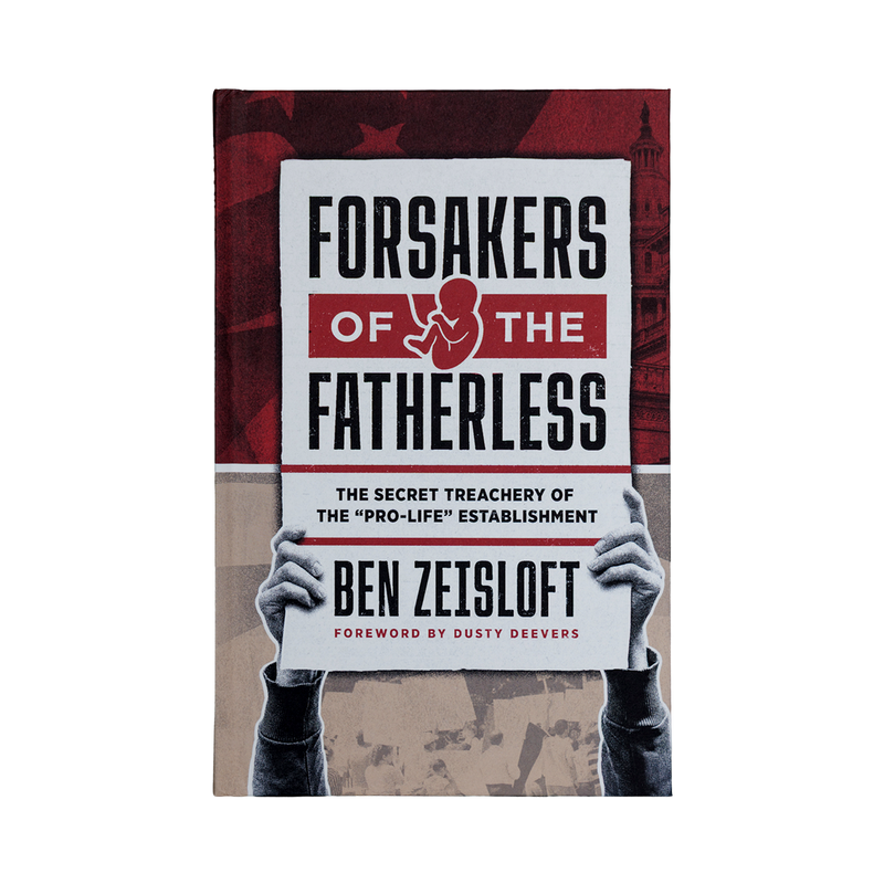 Book cover of 'Forsakers of the Fatherless' by Ben Zeisloft with a red and beige background.