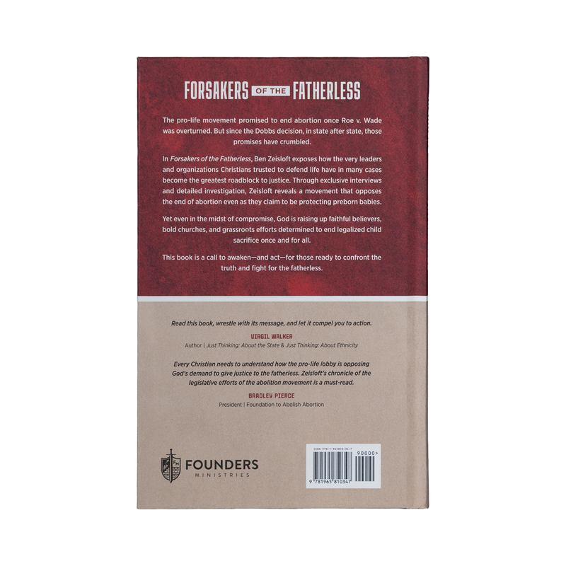 Back cover of a book titled 'Forsakers of the Fatherless' with text and branding on a white background.
